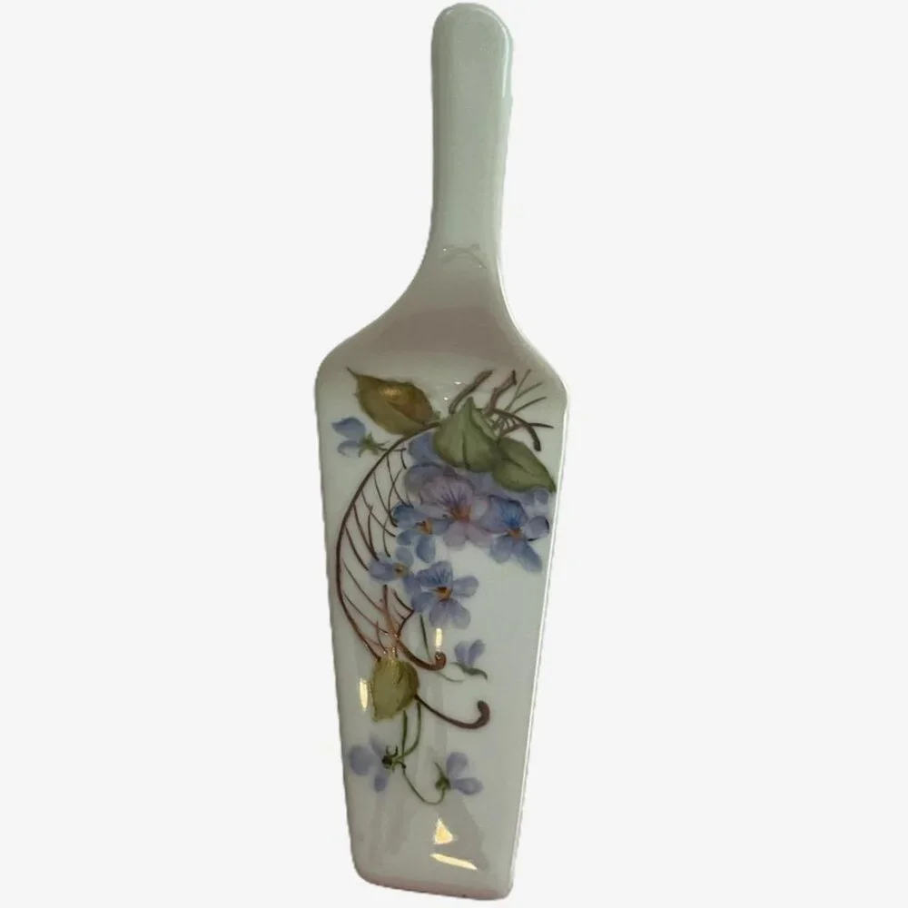 Vintage S Tessenyi Hand Painted Porcelain Cake Pie Server Floral 10” Cottagecore